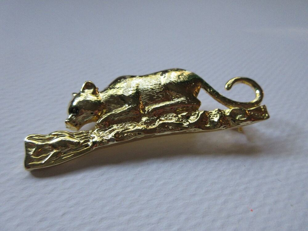 Vintage Yellow Gold Panther Cat on Branch Decorated With Fish CAT PIN
